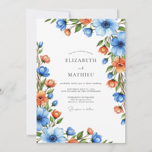 Blue Orange Botanical Romance Wedding 招待状 (正面)