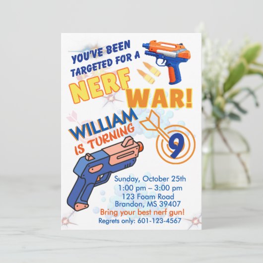 Blue Orange Boys BD Party- Nerf War 9th Birthday 招待状 (スタンド正面)