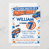 Blue Orange Boys Party- Foam Blaster 7th Birthday 招待状 (正面/裏面)