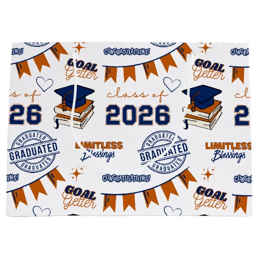 Blue Orange Class of 2026 Graduation ラージペーパーバッグ (正面)