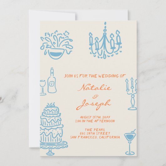 Blue Orange Drawn Whimsical All In One Wedding 招待状 (正面)