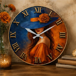Blue & Orange Fashion Lady Elegant Portrait Art ラージ壁時計