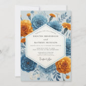Blue Orange Floral Autumn Wedding 招待状 (正面)