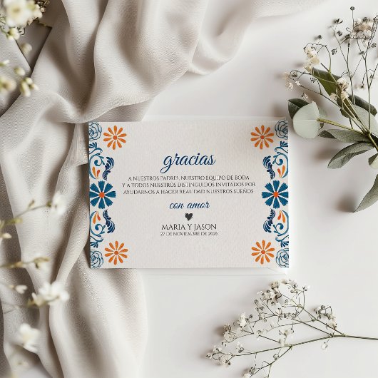 Blue Orange Floral Elegant Fiesta Spanish Wedding サンキューカード