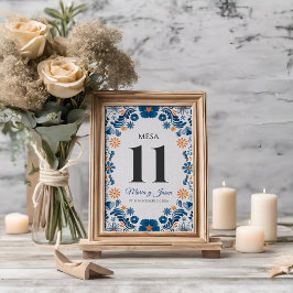 Blue Orange Floral Elegant Fiesta Spanish Wedding テーブルナンバー