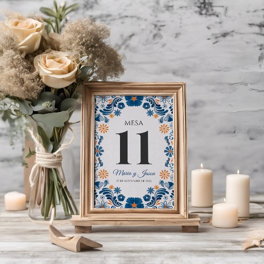 Blue Orange Floral Elegant Fiesta Spanish Wedding テーブルナンバー