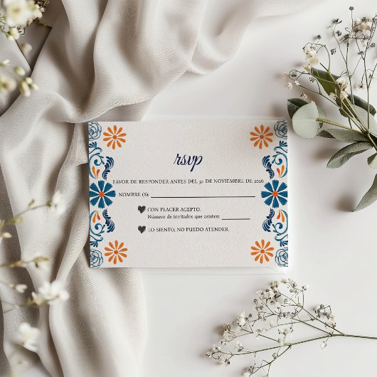 Blue Orange Floral Elegant Fiesta Spanish Wedding 出欠カード