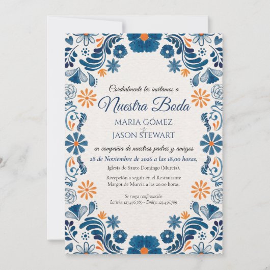 Blue Orange Floral Elegant Fiesta Spanish Wedding 招待状 (正面)