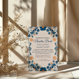 Blue Orange Floral Elegant Fiesta Spanish Wedding 招待状