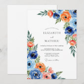 Blue Orange Floral Whimsical Wedding 招待状 (正面/裏面)