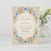 Blue Orange Floral Wreath Wedding 招待状 (スタンド正面)