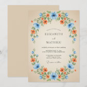 Blue Orange Floral Wreath Wedding 招待状 (正面/裏面)