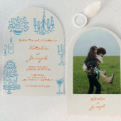 Blue Orange Hand Drawn Whimsical Arched Wedding 招待状