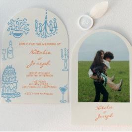 Blue Orange Hand Drawn Whimsical Arched Wedding 招待状