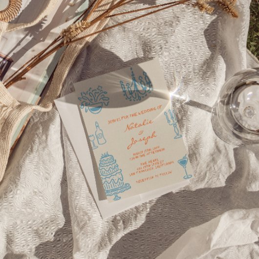 Blue Orange Hand Drawn Whimsical Fun Wedding 招待状