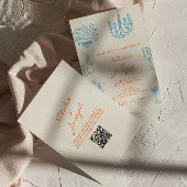 Blue Orange Hand Drawn Whimsical QR Code Wedding 招待状