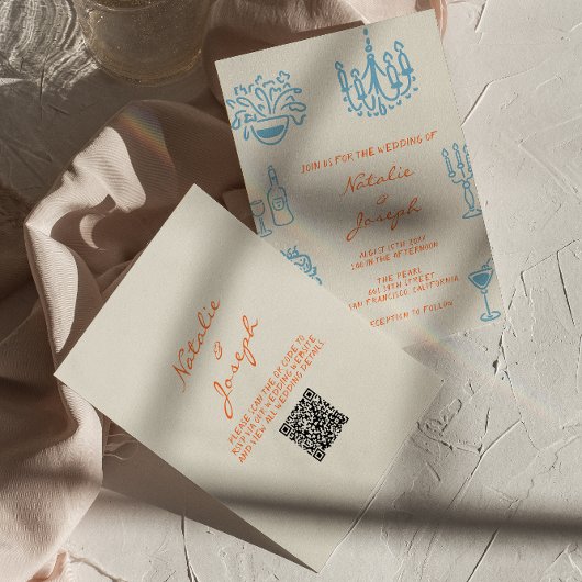 Blue Orange Hand Drawn Whimsical QR Code Wedding 招待状