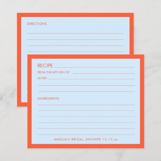 Blue Orange Personalized Bridal Shower Recipe Card (正面/裏面)