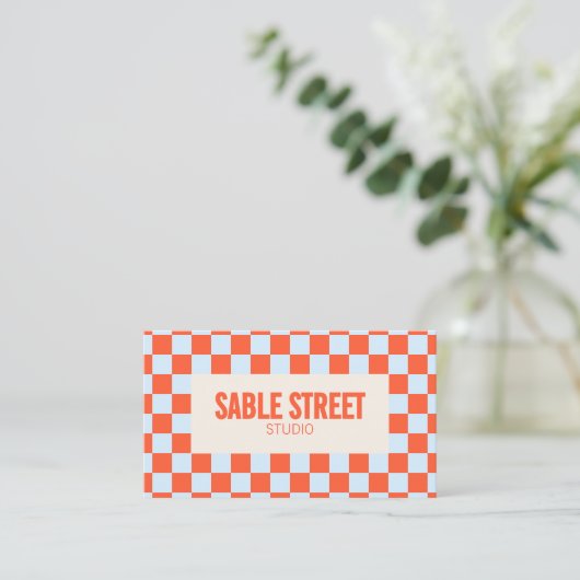 Blue Orange Retro Checkerboard Bold Creative Brand 名刺 (スタンド正面)