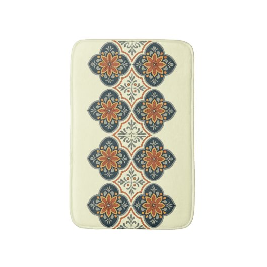 Blue Orange Spanish Tile Flower Pattern  バスマット (正面縦)