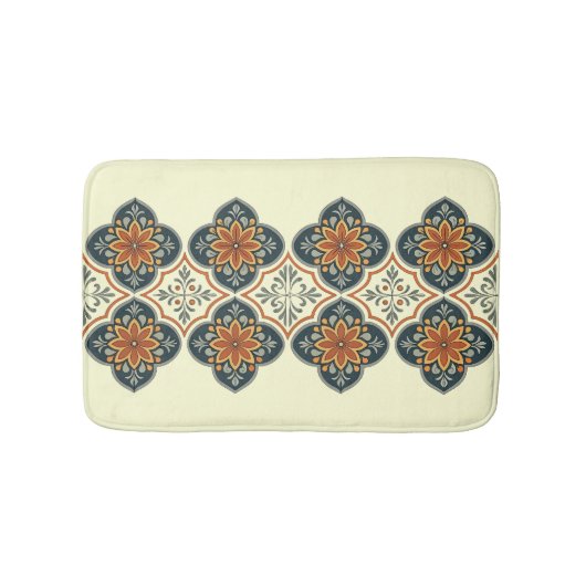 Blue Orange Spanish Tile Flower Pattern  バスマット (正面)