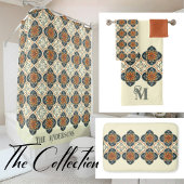 Blue Orange Spanish Tile Flower Pattern  バスマット