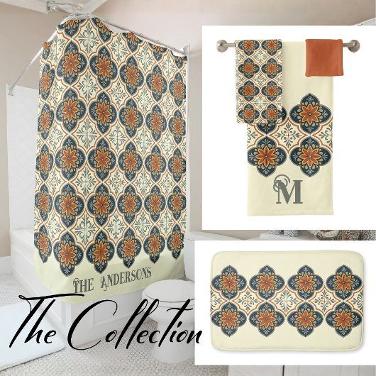 Blue Orange Spanish Tile Flower Pattern  バスマット