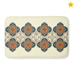 Blue Orange Spanish Tile Flower Pattern  バスマット