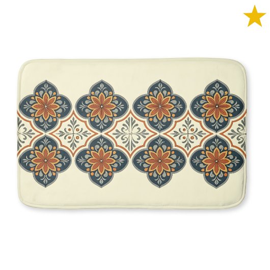 Blue Orange Spanish Tile Flower Pattern  バスマット
