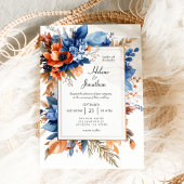 Blue Orange Terracotta Floral Boho Elegant Wedding 招待状