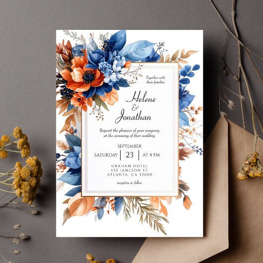 Blue Orange Terracotta Floral Boho Elegant Wedding 招待状