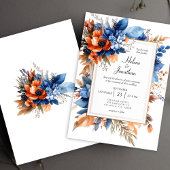 Blue Orange Terracotta Floral Boho Elegant Wedding 招待状