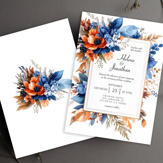 Blue Orange Terracotta Floral Boho Elegant Wedding 招待状