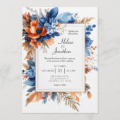 Blue Orange Terracotta Floral Boho Elegant Wedding 招待状 (正面)