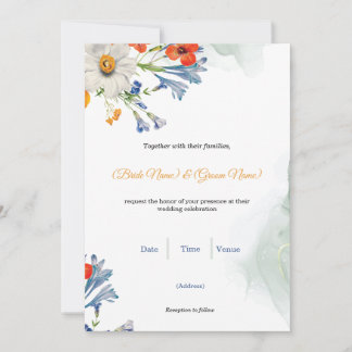 Blue & Orange Watercolor Floral Wedding Invitation 招待状