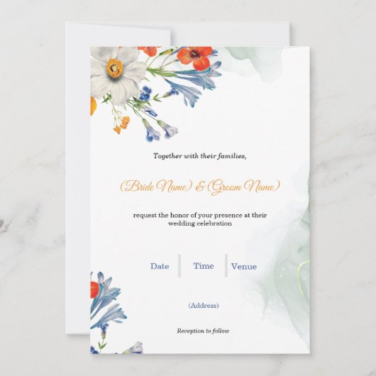 Blue & Orange Watercolor Floral Wedding Invitation 招待状 (正面)