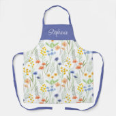 Blue Orange Watercolor Wildflower Custom Name エプロン (正面)