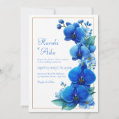 Blue Orchid Gold Geometric Wedding 招待状 (正面)