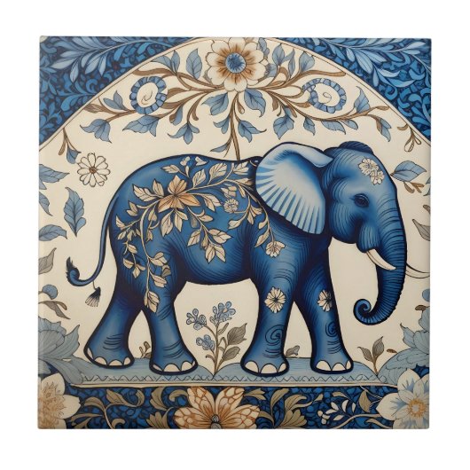 Blue Ornate Elephant Vintage Floral タイル (正面)