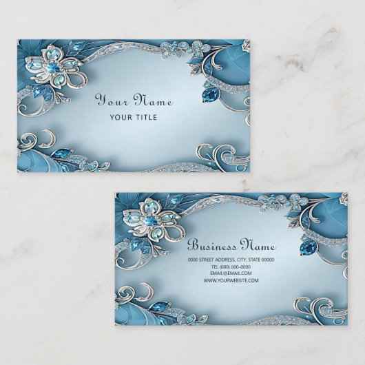 Blue Ornate Floral Business Card 名刺 (正面/裏面)
