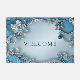 Blue Ornate Floral Doormat ドアマット