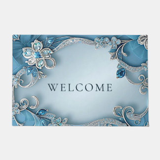 Blue Ornate Floral Doormat ドアマット