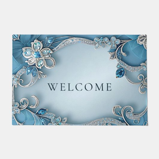 Blue Ornate Floral Doormat ドアマット (正面)