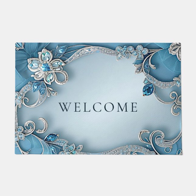 Blue Ornate Floral Doormat ドアマット (正面)