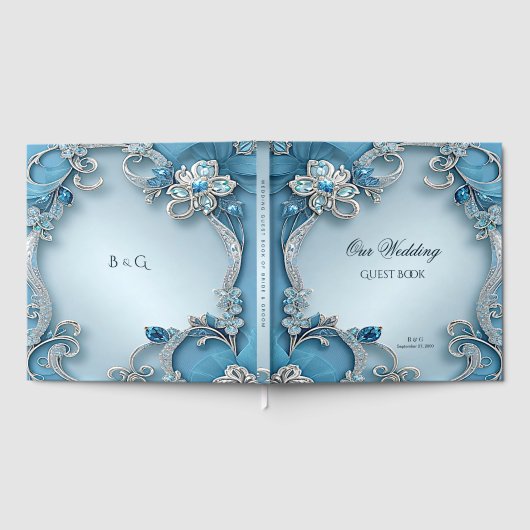 Blue Ornate Floral Guest Book ゲストブック (全面)