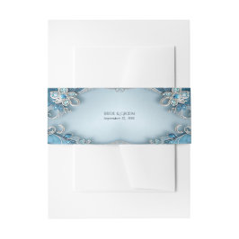 Blue Ornate Floral Invitation Belly Band 招待状ベリーバンド