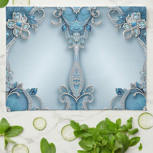 Blue Ornate Floral Kitchen Towel キッチンタオル (折り畳み)