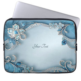 Blue Ornate Floral Laptop Sleeve ラップトップスリーブ