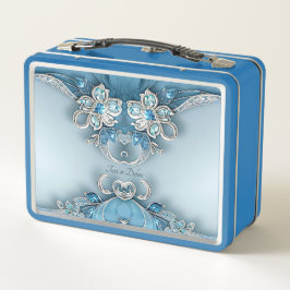 Blue Ornate Floral Lunchbox メタルランチボックス