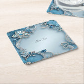 Blue Ornate Floral Paper Coaster スクエアペーパーコースター (アングル)